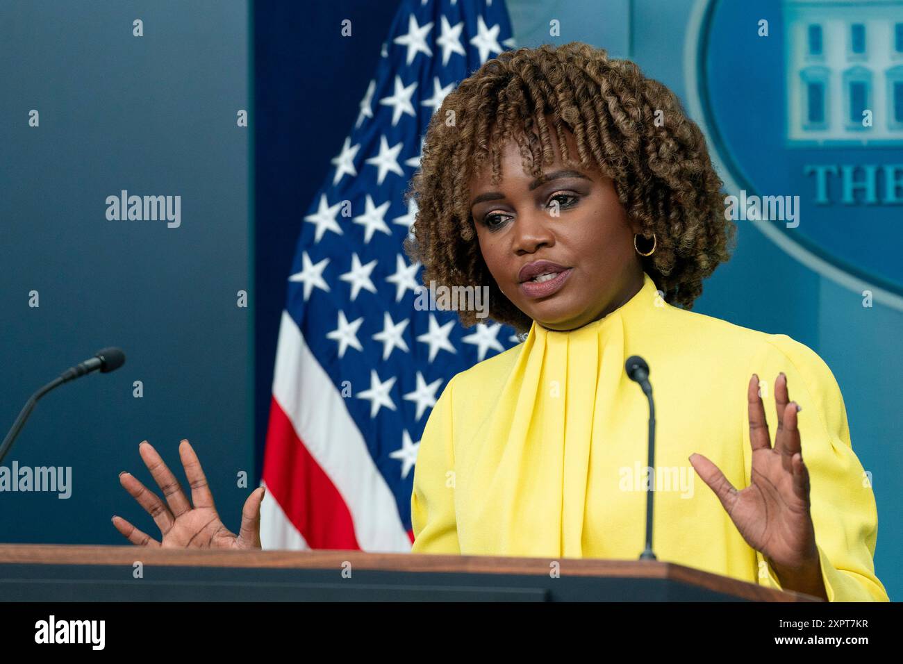 Washington, États-Unis. 07 août 2024. Karine Jean-Pierre, attachée de presse de la Maison Blanche, intervient lors du point de presse quotidien à la Maison Blanche le mercredi 7 août 2024. Photo de Ken Cedeno/UPI . Crédit : UPI/Alamy Live News Banque D'Images