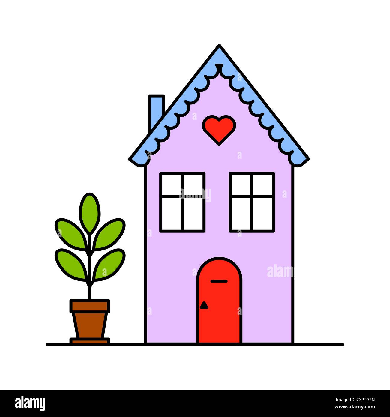 Icône de maison colorée. Détail plante en pot. Symbole de coeur. Illustration vectorielle. Illustration de Vecteur
