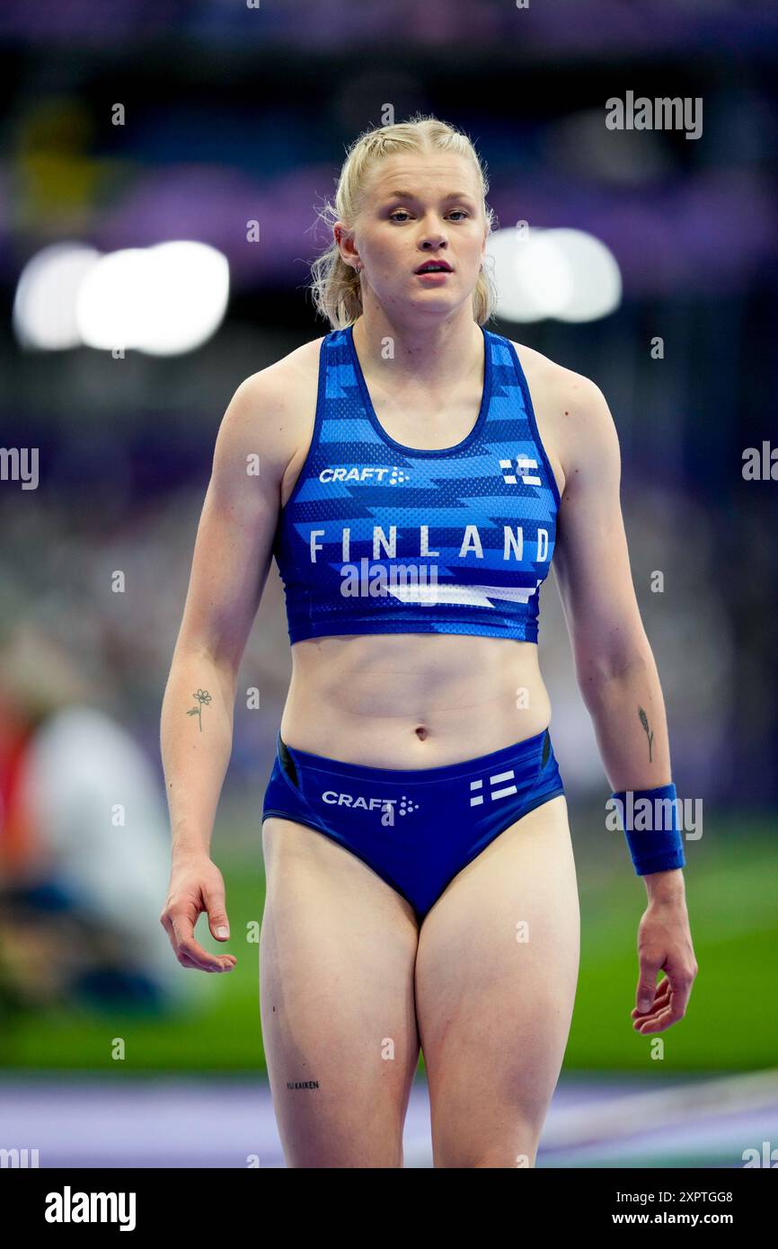 Paris, France. 07 août 2024. PARIS, FRANCE - 7 AOÛT : Wilma Murto, finlandaise, semble déçue et déçue après son saut lors de la finale de la voûte à poteaux féminine le jour 12 des Jeux Olympiques de Paris 2024 au stade de France le 7 août 2024 à Paris, France. (Daniela Porcelli/SPP) crédit : SPP Sport Press photo. /Alamy Live News Banque D'Images