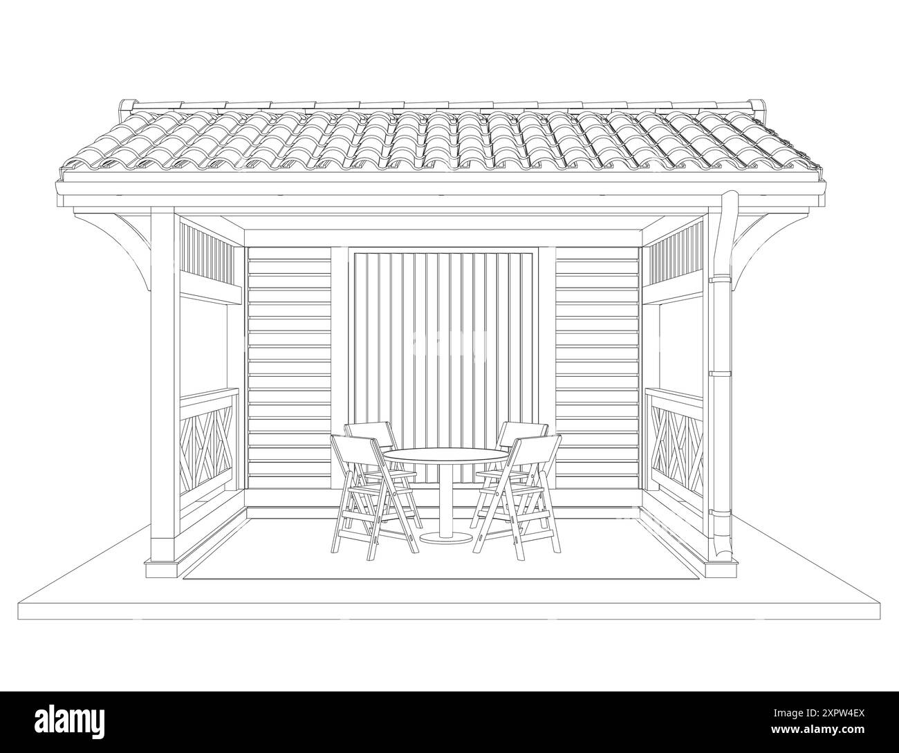 Contour du belvédère. Silhouette linéaire de contour noir. Contour d'une maison d'été avec des bancs, une table et un toit. Illustration vectorielle. 3D.. Illustration de Vecteur