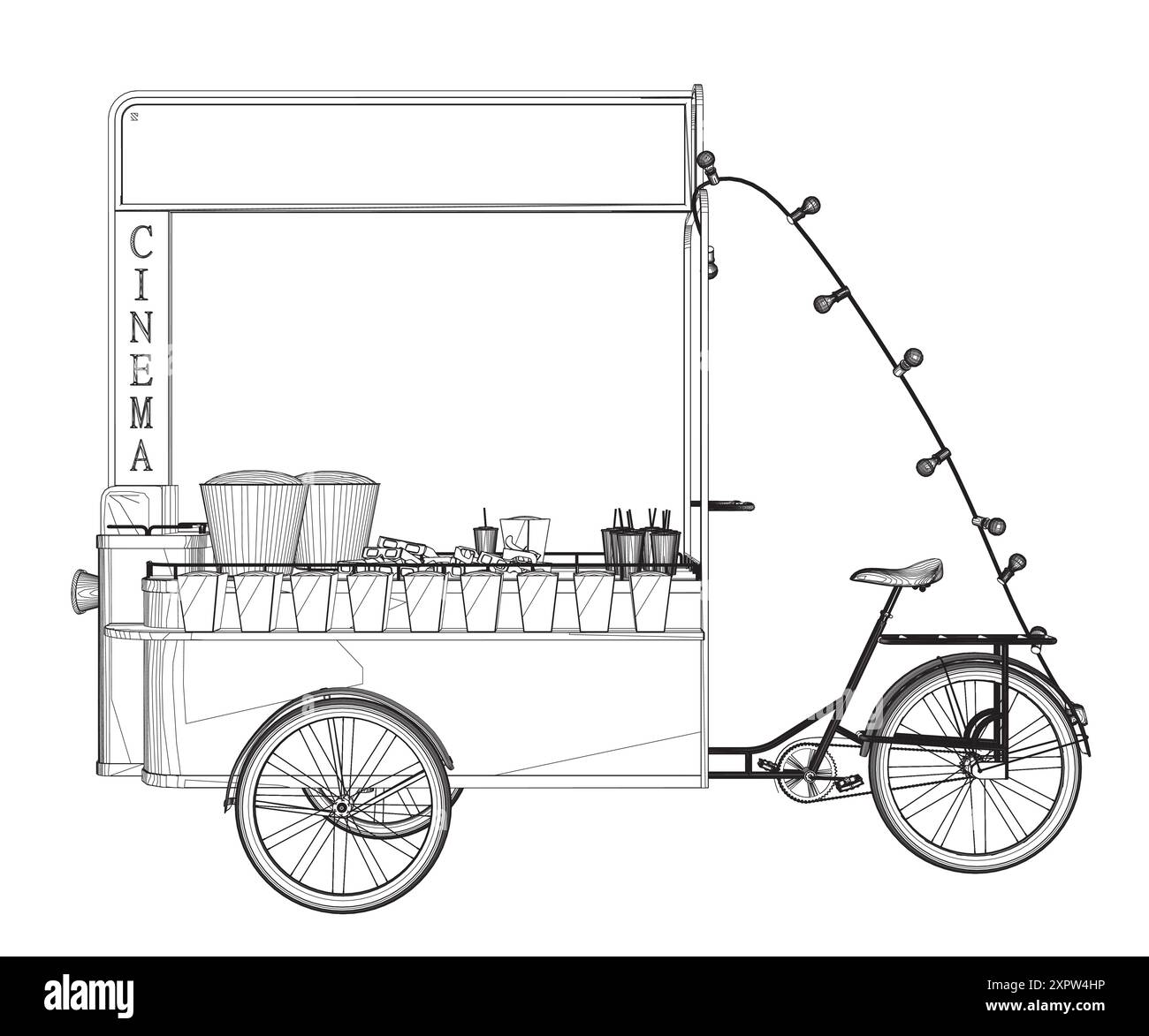 Illustration vectorielle de fabricant de popcorn. Kiosque vintage dans le parc d'attractions. Nourriture de rue. Nourriture de cinéma tricycle. Vue latérale. Illustration de Vecteur