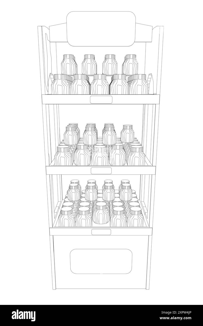 Vitrine d'épicerie. Supermarché avec étagères de produits alimentaires, étagères. Concept de vecteur de stockage Illustration de Vecteur