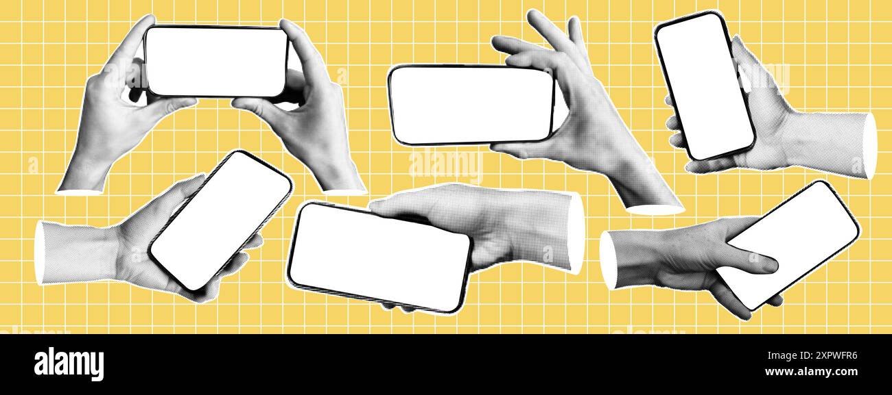 Jeu d'aiguilles demi-ton tenant un téléphone avec un écran vide. Éléments tendance dans un style pop art rétro Illustration de Vecteur