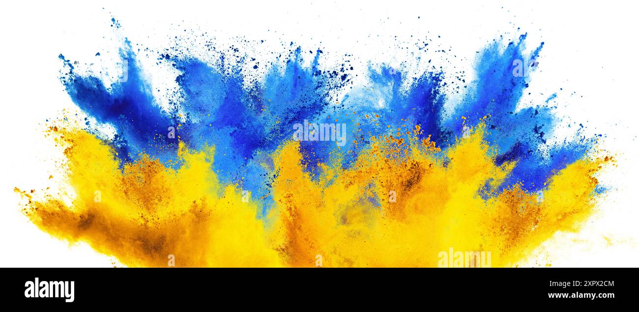 drapeau coloré de l'ukraine avec la couleur jaune bleu holi peinture poudre explosion isolé sur fond blanc. symbole ukrainien liberté de voyage et tourisme Banque D'Images