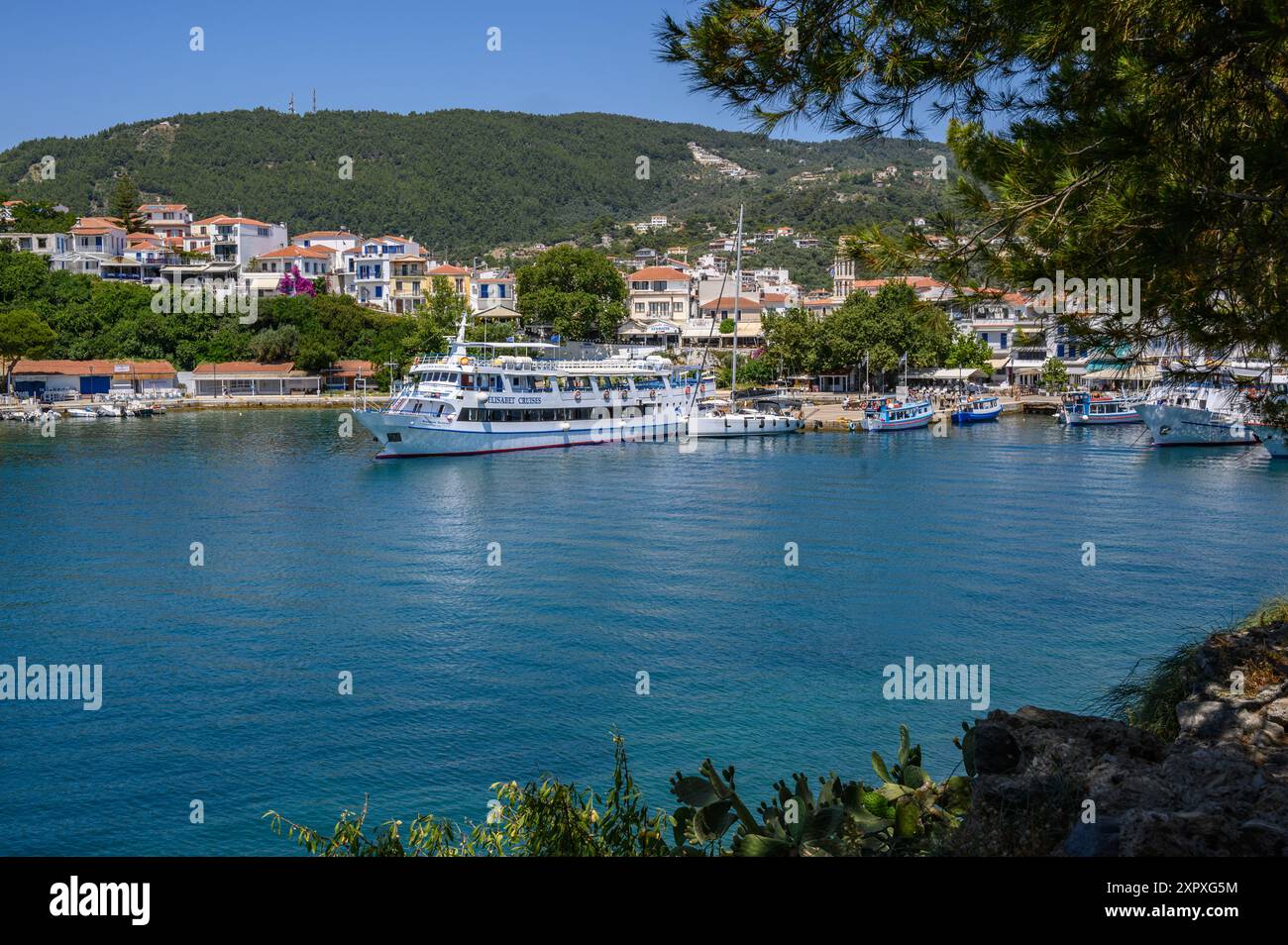 Bateaux de plaisance amarrés au vieux port sur l'île de Skiathos Grèce. Banque D'Images