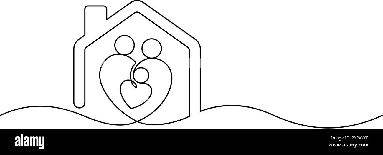 concept d'amour de famille à l'intérieur du symbole d'icône de la maison une ligne dessinant en continu Illustration de Vecteur