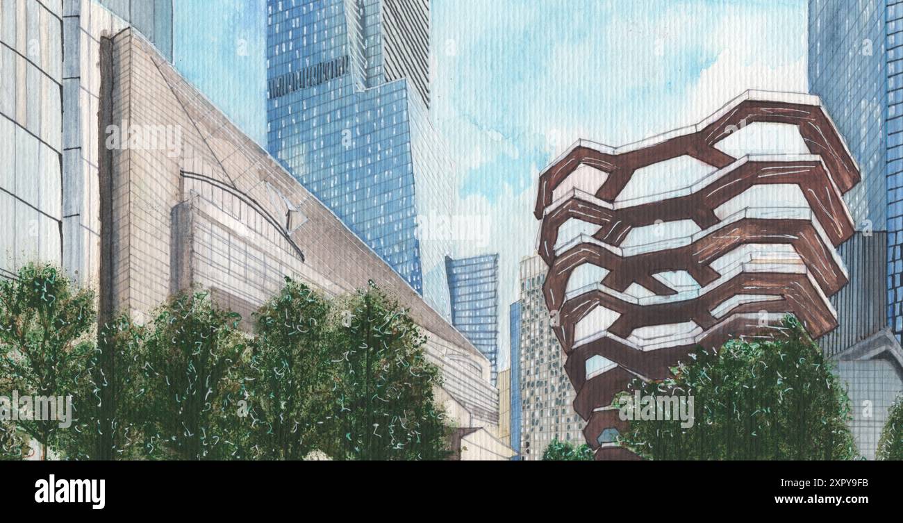 Aquarelle de New York City Skyline, gratte-ciel emblématique, bâtiment, horizon de New York, achitecture, illustration Banque D'Images