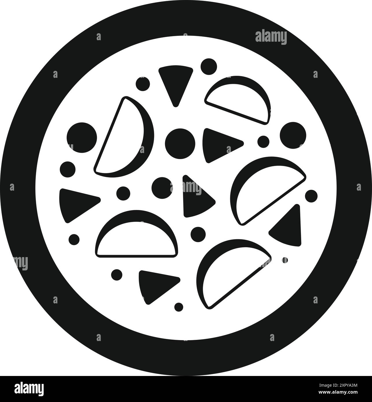 Icône noire et blanche d'une pizza chaude ronde avec des ingrédients dans un style simple pour le web, mobile et infographie Illustration de Vecteur