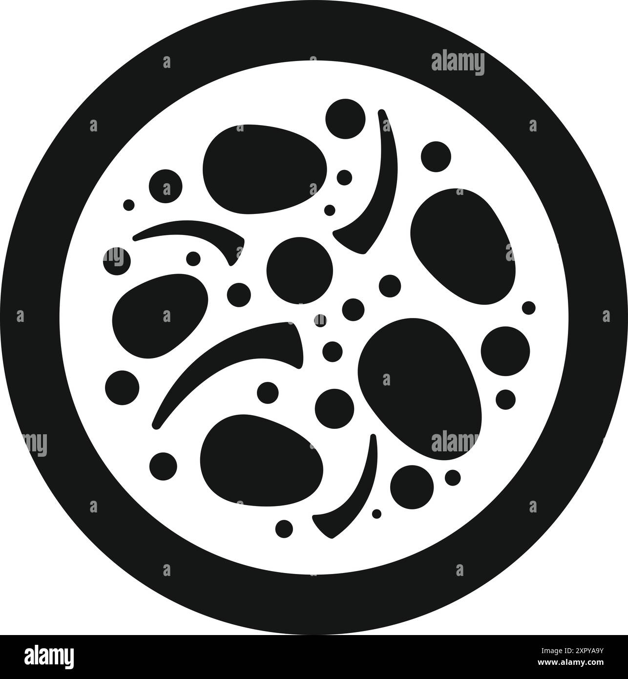 Icône noire et blanche représentant une pizza ronde avec différents ingrédients dans un style simple Illustration de Vecteur
