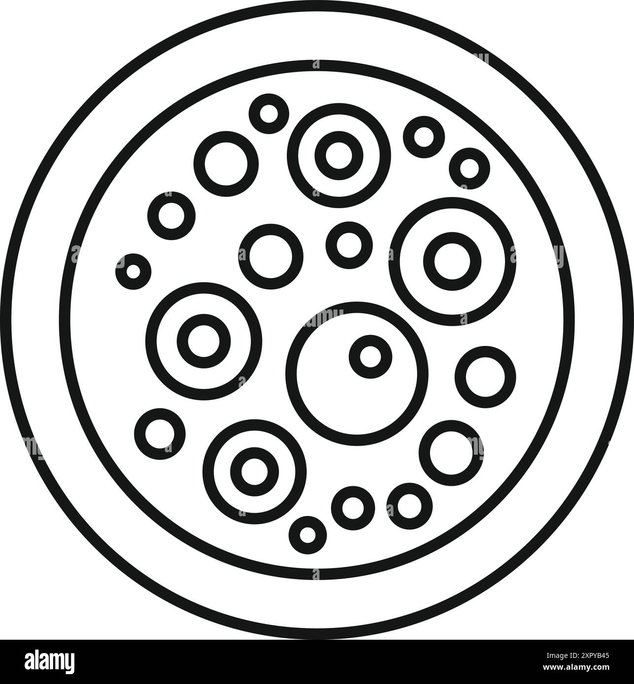 Icône de dessin au trait d'une boîte de Pétri contenant des colonies de bactéries en croissance, idéale pour illustrer la recherche scientifique et la microbiologie Illustration de Vecteur