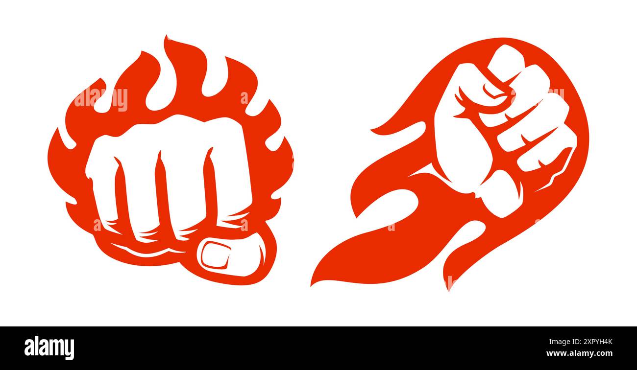 Poing de frappe dans l'emblème des flammes de feu. Logo ou icône de sport d'esprit de combat. Symbole de force de puissance serré à la main Illustration de Vecteur