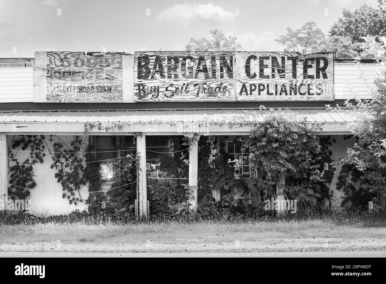 Magasin d'appareils ménagers à prix réduit abandonné et envahi par les intempéries avec des enseignes du midwest américain Banque D'Images