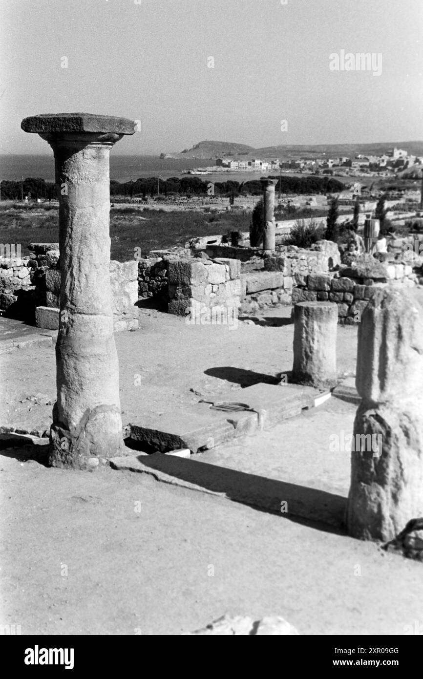Reste von Mauern und dorischen Säulen zeichnen die Neapolis, den neueren griechisch-iberischen Teil von Empúries, aus, hier befand sich unter anderem das Asklepieion, ein Heiligtum, das Äskulap, dem Gott der Heilkunst, gewidmet War und zu dem üblicherweise ein Sanatorium gehörte, Costa Brava 1957. Des vestiges de murs et de colonnes doriques caractérisent la Neapolis, la nouvelle partie grecque-ibérique de Empúries, qui était le site qui comprenait l'Asclépieion, un sanctuaire dédié à Asclépios, le Dieu de la guérison, et qui comprenait généralement un sanatorium, Costa Brava 1957. Banque D'Images