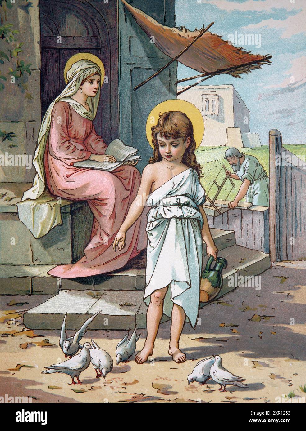 Illustration f L'enfant Jésus Christ nourrissant les colombes dans sa maison de Nazareth avec sa mère Vierge Marie et JosephAntique 19ème siècle Livre Dieu i Banque D'Images