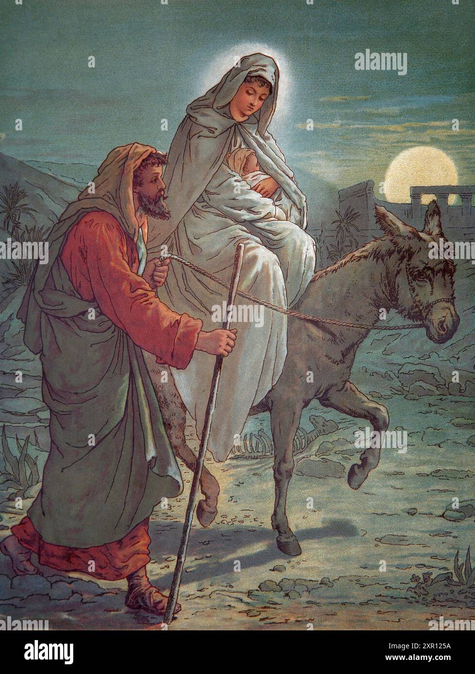Illustration de la Vierge Marie tenant bébé Jésus sur un âne mené par Joseph dans la fuite en Egypte (Évangiles) Livre antique du 19ème siècle Dieu est amour Banque D'Images