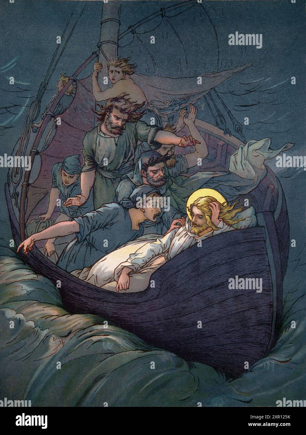 Illustration de Jésus Christ dormant sur le bateau avec ses disciples Befor Stilling the Tempest from Antique 19th Century Book God is Love Bible pic Banque D'Images