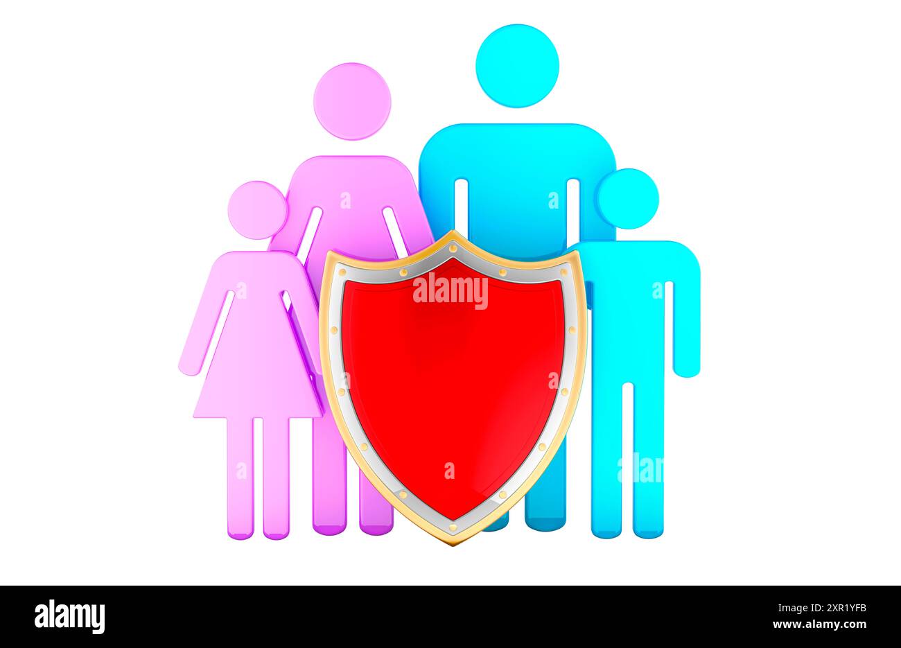 Silhouettes familiales avec bouclier. Concept de protection ou d'assurance médicale. Rendu 3D isolé sur fond blanc Banque D'Images