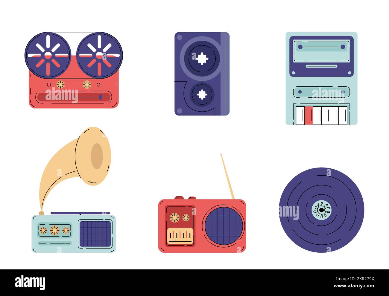 Jeu de musique. Gramophone, radio, lecteur de cassettes et disque vinyle. EQUIPEMENT audio électronique pour écouter de la musique et des chansons. Vecteur plat Illustration de Vecteur