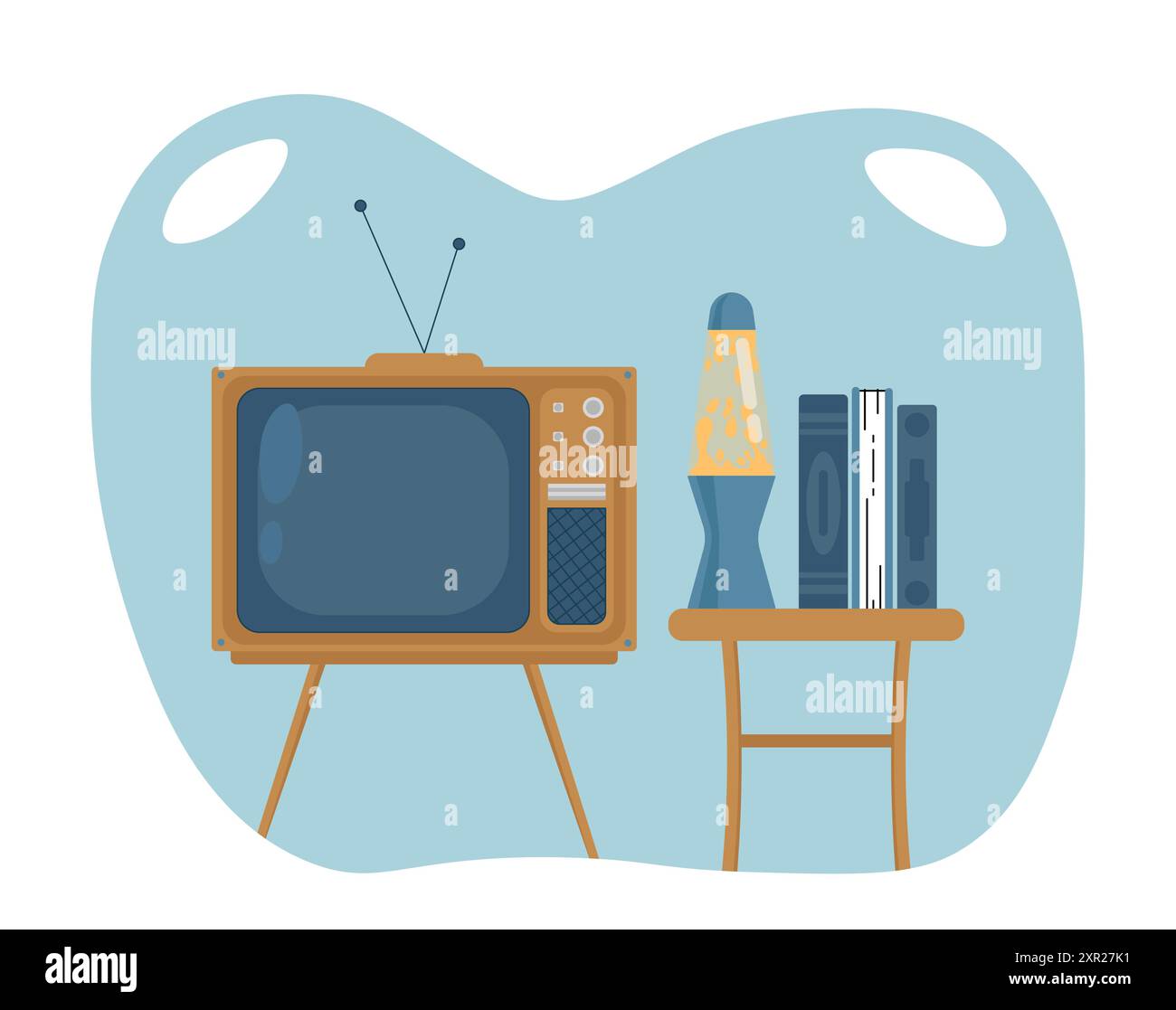 Concept de télévision rétro. Televicion sur pieds en bois avec deux antennes. Équipement de style ancien pour regarder des films, des séries télévisées et des émissions. Divertissement et divertissement Illustration de Vecteur