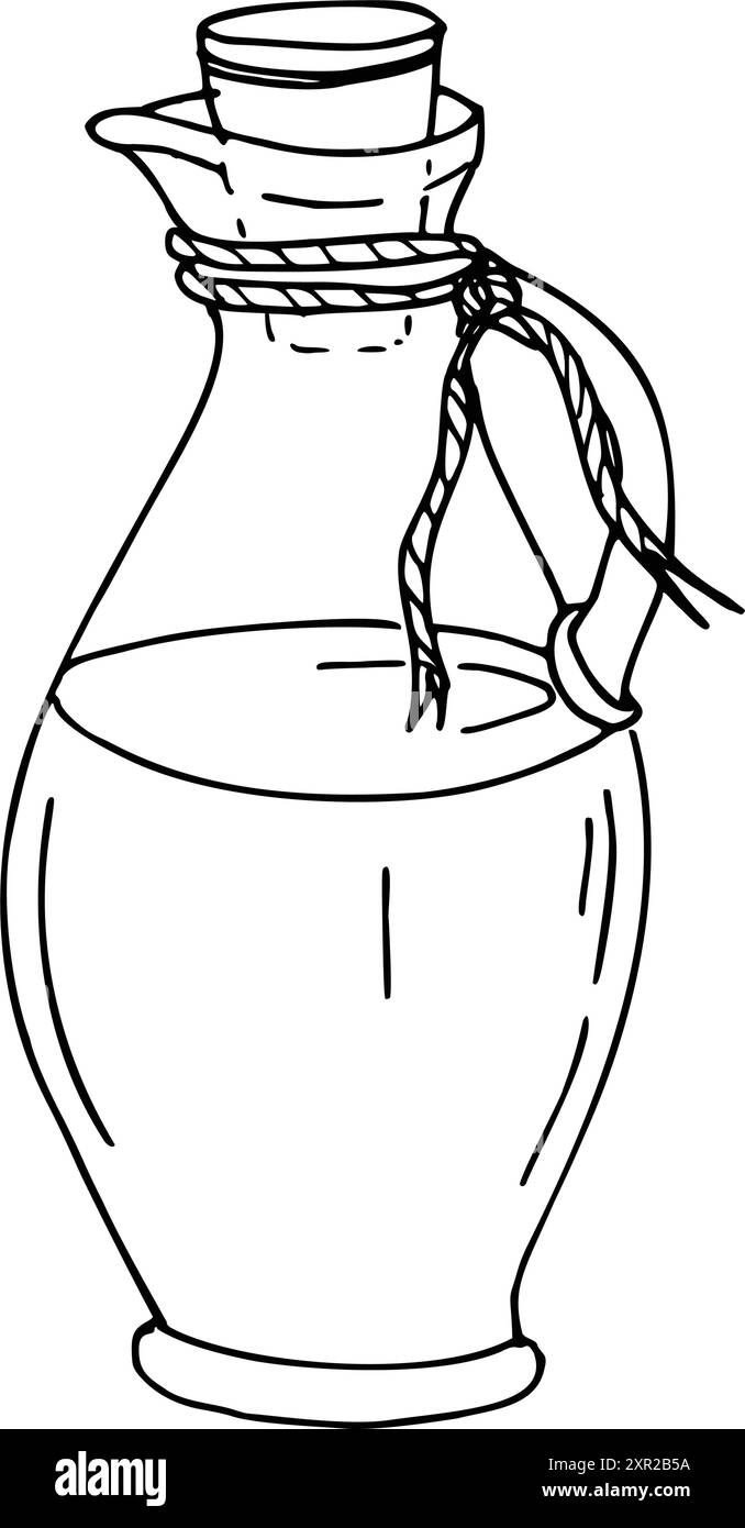 Huile d'olive dans un pichet en verre avec du liège et du cordon de jute. Illustration vectorielle dessinée à la main, ligne choisie Dessin à l'encre pour menu, produit et italien, grec, espagnol Illustration de Vecteur