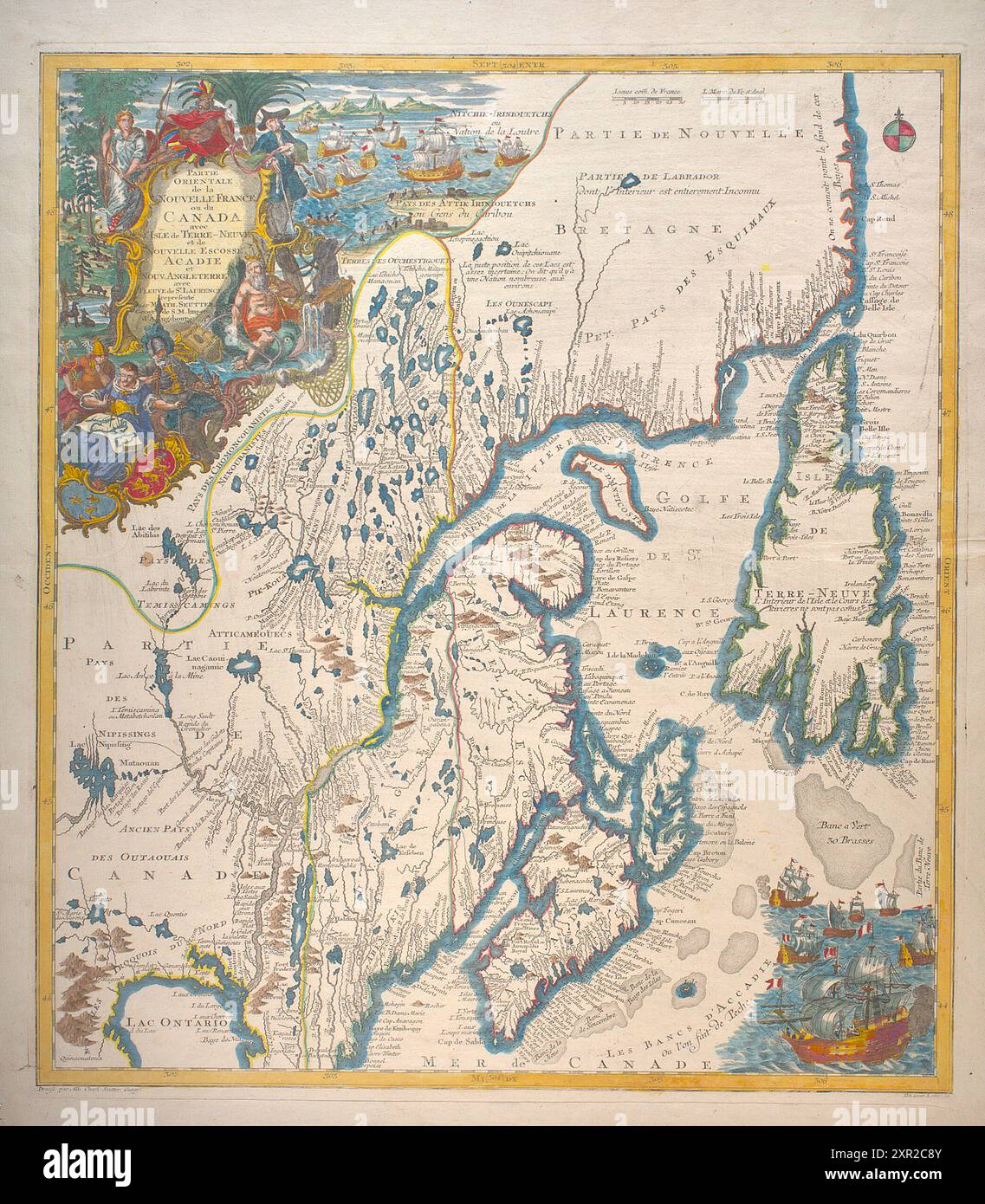 Carte historique vintage. Partie orientale de la Nouvelle-France ou du Canada avec l'île de Terre-Neuve et diverses possessions coloniales de la France et de l'Angleterre. Avec Lawrence River. Par Albrecht Seutter 1750 Banque D'Images
