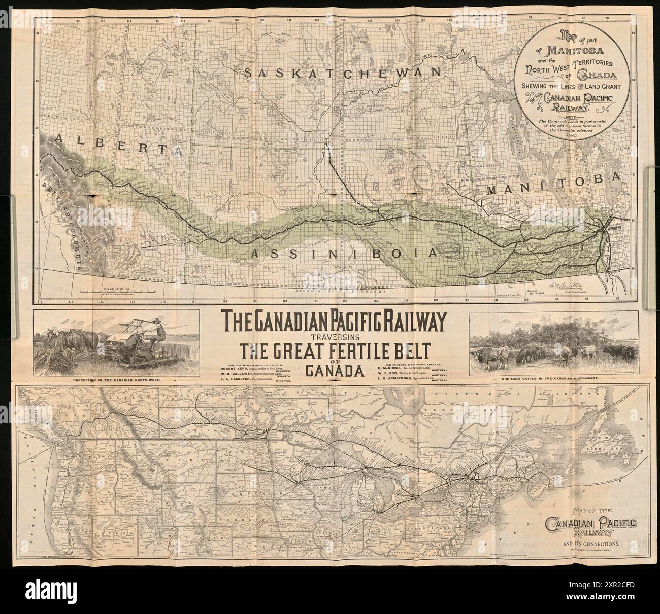 Maisons gratuites et terrains de chemin de fer bon marché! : cent millions d'acres! Ouvert à la colonisation le long des lignes du chemin de fer canadien Pacifique au Manitoba, à Assiniboia, en Alberta, en Saskatchewan, les quatre grandes provinces du Nord-Ouest canadien ; avec des cartes et des illustrations faites à partir de photographies. Par Compagnie de chemin de fer canadien Pacifique, 1890 Banque D'Images