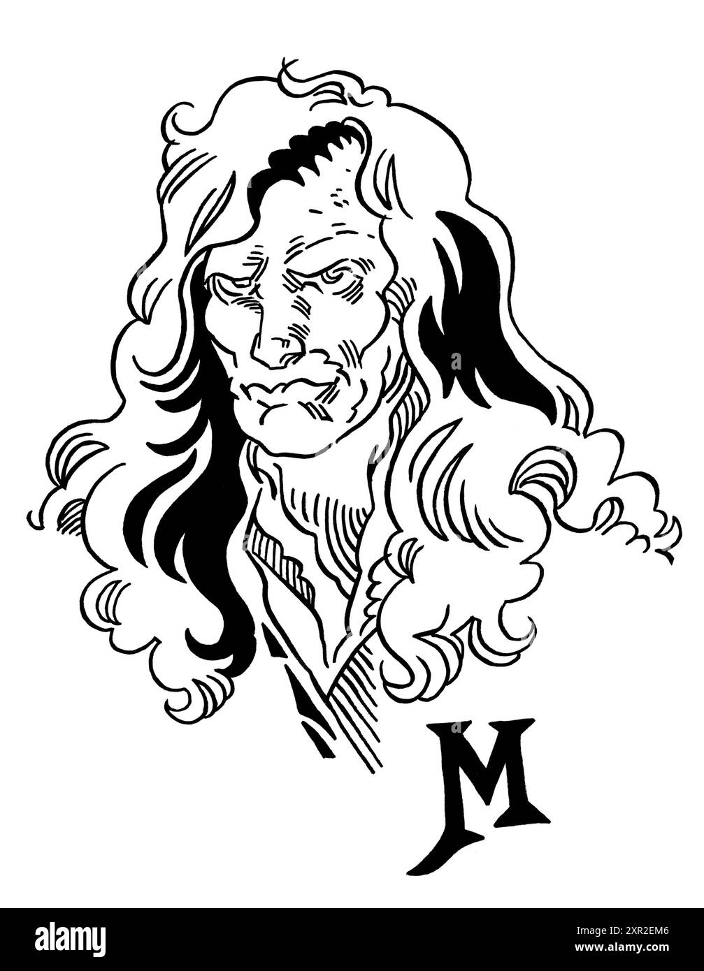 Illustration de Dave Mustaine du groupe de Metal américain Megadeth. Chanteur et guitariste, portrait horizontal dessiné à la main noir et blanc. Banque D'Images