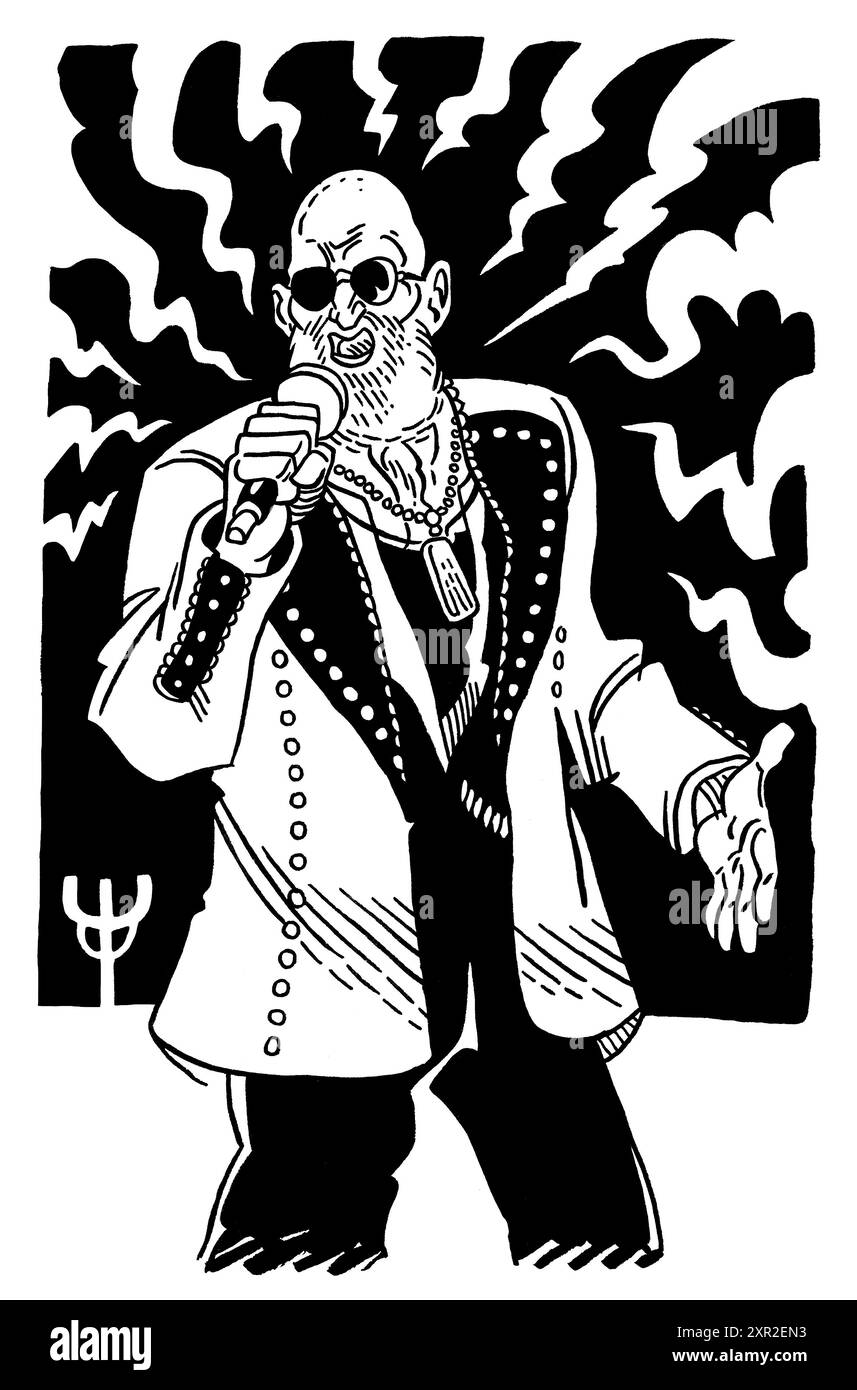 Illustration de Rob Halford Metal Band leader de Judas Priest Singer, auteur-compositeur et également musicien, portrait horizontal dessiné à la main noir et blanc. Banque D'Images
