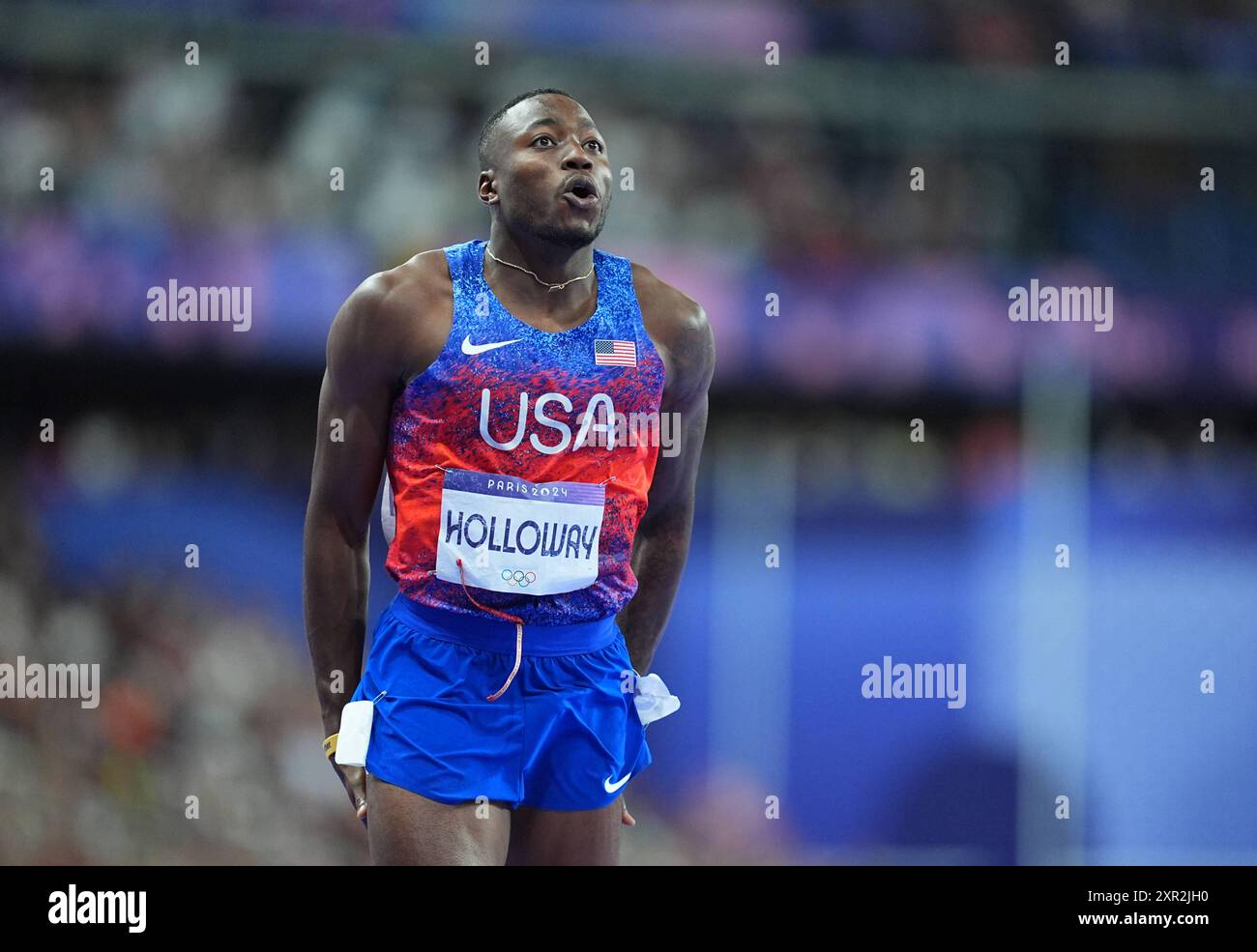 08 août 2024 : Grant Holloway (États-Unis d'Amérique) remporte l'or lors de la finale du 110m haies masculines le jour 13 des Jeux Olympiques au stade de France, Paris, France. Ulrik Pedersen/CSM. Banque D'Images