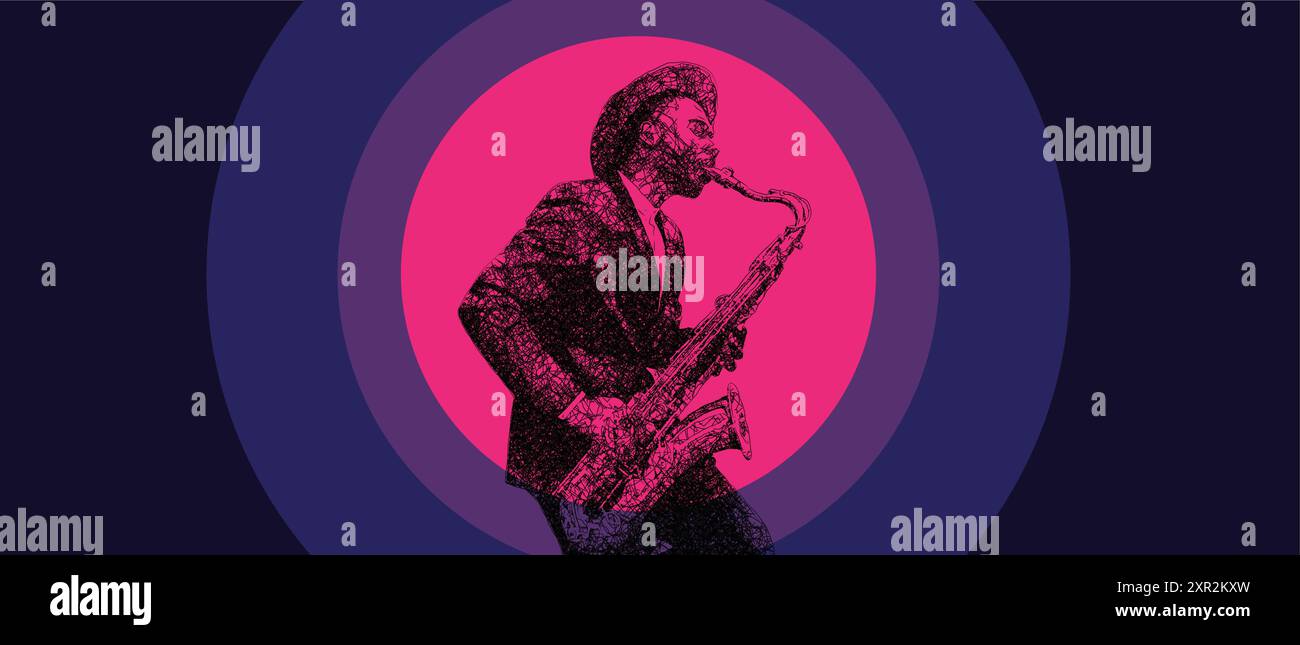 Illustration vectorielle d'un artiste jazz portant un chapeau et jouant un saxophone. Illustration de Vecteur