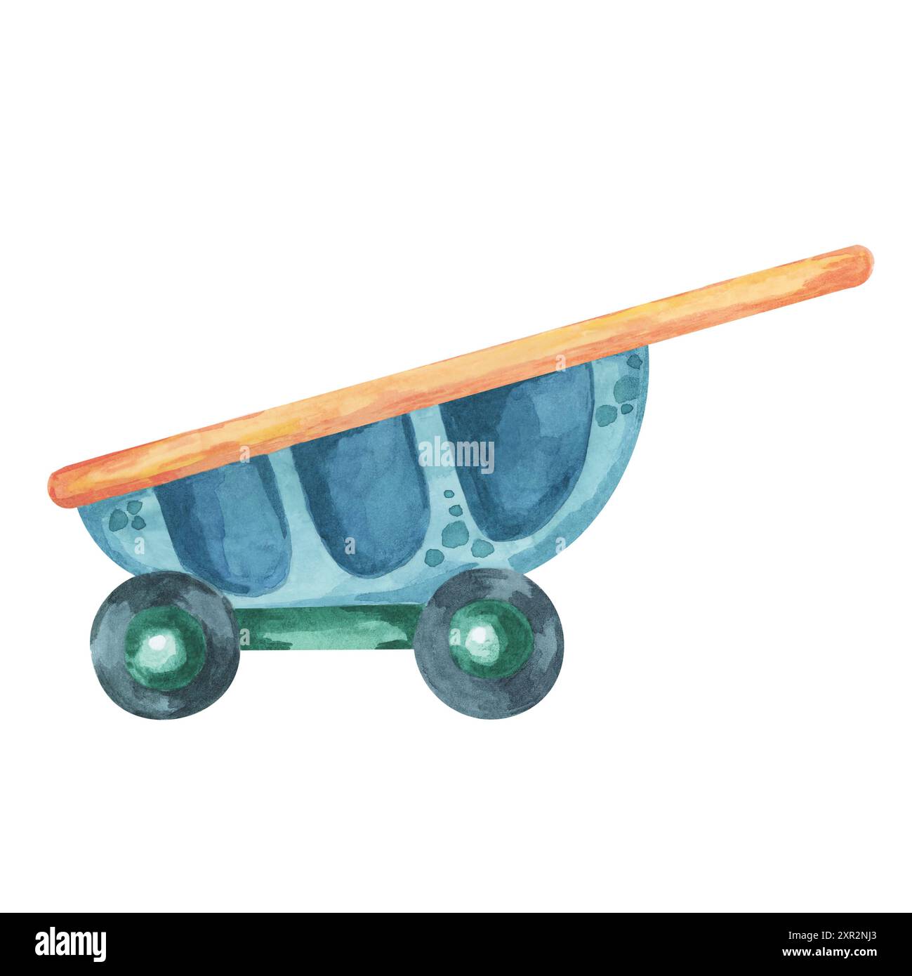 Chariot à benne basculante en bleu et orange, style cartoon. Clipart de brouette aquarelle parfait pour les conceptions de chantier de construction, illustrations de chambre d'enfants, projets de conception sur les travaux routiers, réparations Banque D'Images