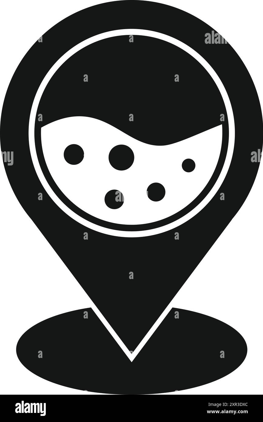 Icône noire et blanche d'une épingle de carte contenant une boîte de Pétri avec une réaction chimique se produisant Illustration de Vecteur