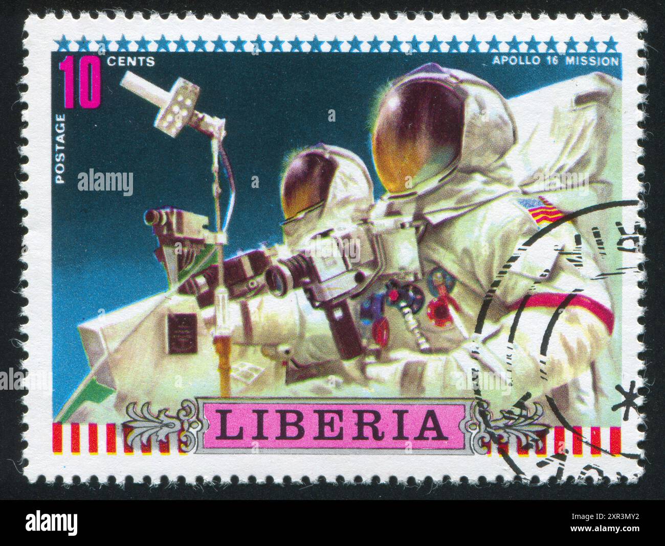 LIBERIA - VERS 1972 : timbre imprimé par Liberia, montre des astronautes avec des caméras, vers 1972 Banque D'Images