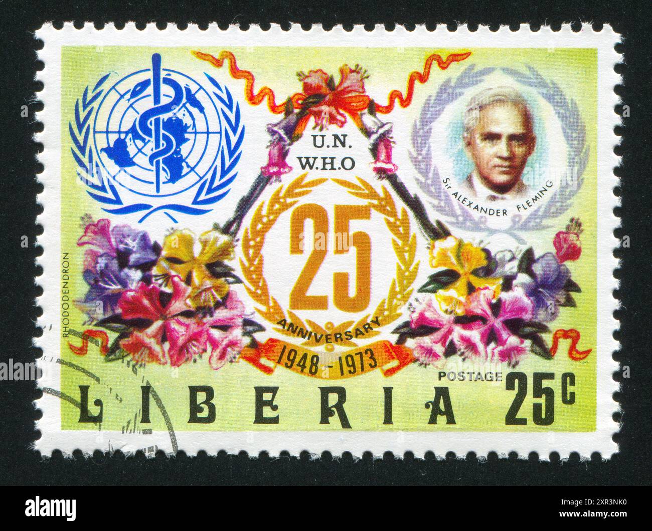 LIBERIA - VERS 1973 : timbre imprimé par Liberia, montrant WHO Emblem, Alexander Fleming et des mauves d'arbres, vers 1973 Banque D'Images