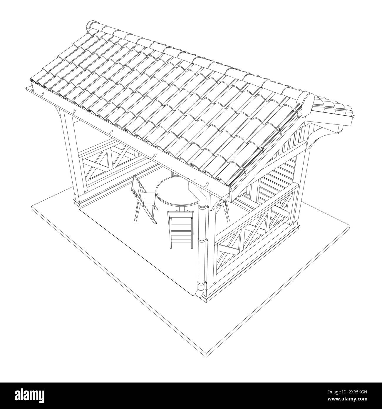 Contour du belvédère. Silhouette linéaire de contour noir. Contour d'une maison d'été avec des bancs, une table et un toit. Illustration vectorielle. 3D.. Illustration de Vecteur