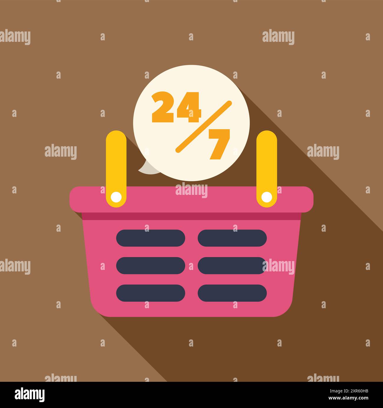 Panier rose avec 247 bulles de discours représentant des possibilités d'achat en ligne non-stop Illustration de Vecteur