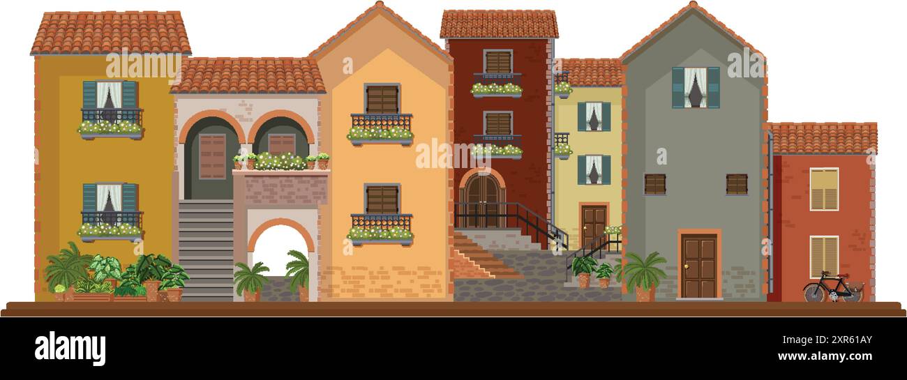 Maisons colorées avec balcons et plantes Illustration de Vecteur