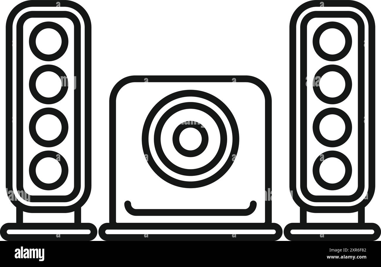 Icône de dessin au trait d'un système audio diffusant de la musique à fort volume, avec deux haut-parleurs et un caisson de basses Illustration de Vecteur