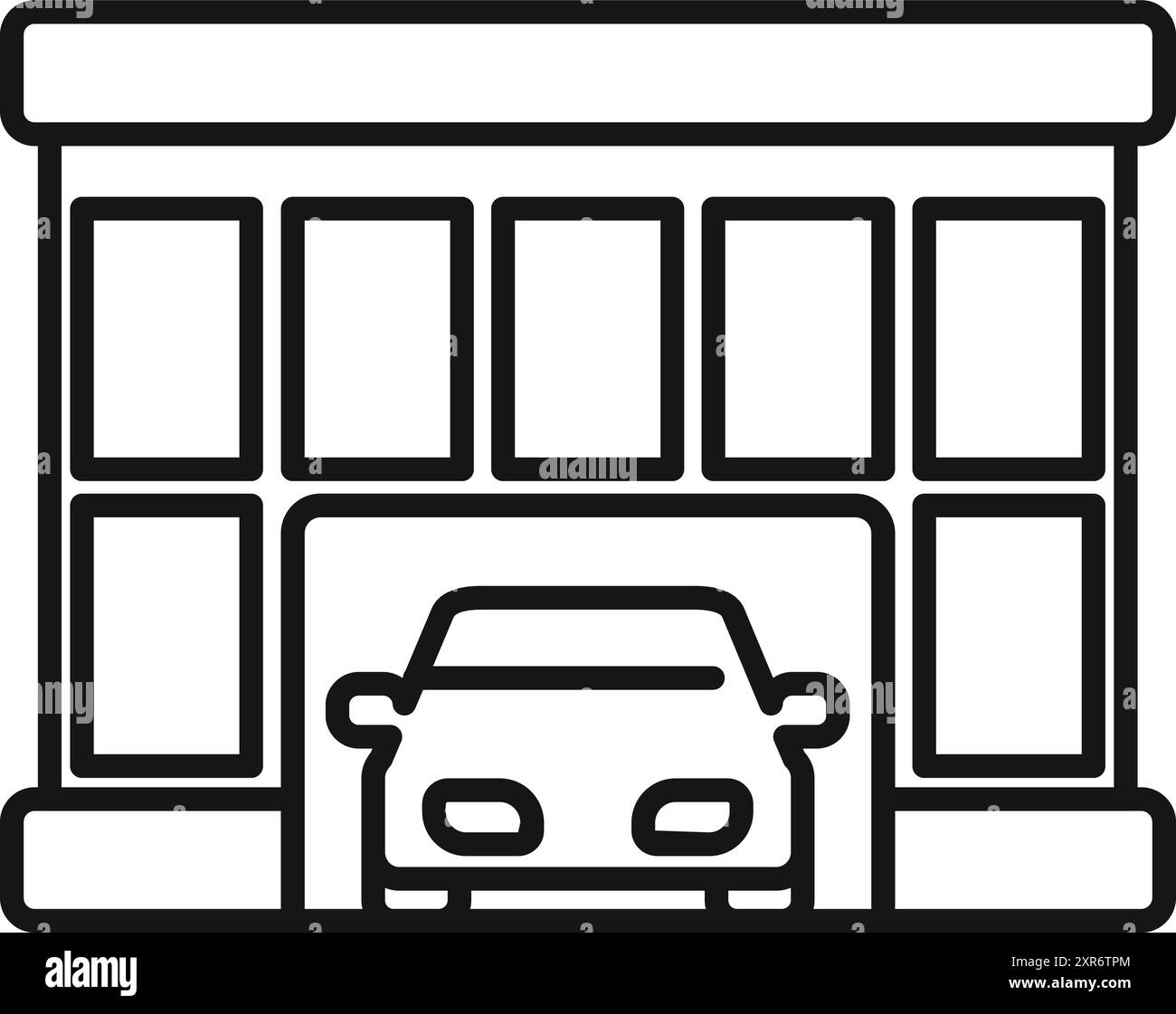 Icône d'art de ligne d'un parking à l'intérieur d'un bâtiment de garage moderne avec des fenêtres en verre Illustration de Vecteur