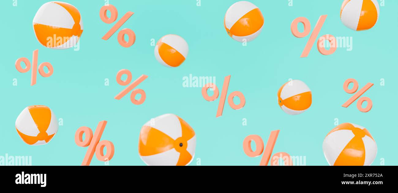 Rendu 3D de boules de plage orange et blanches entrecoupées de symboles de pourcentage de corail flottant sur un fond d'eau, concepts financiers d'été Banque D'Images