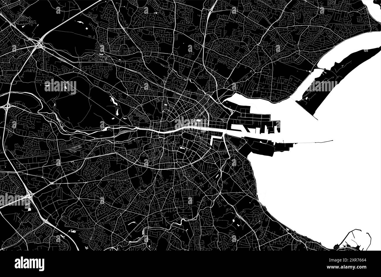 Carte de Dublin, Irlande. Carte vectorielle détaillée de la ville, zone métropolitaine. Carte des rues en noir et blanc avec routes et eau. Illustration de Vecteur