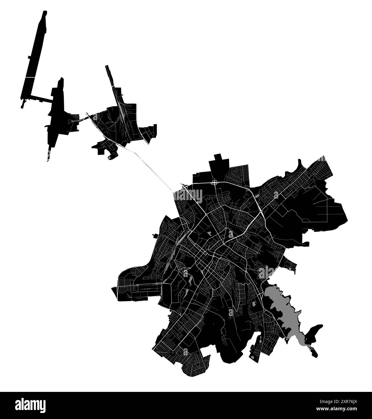 Carte de Simferopol. Carte noire détaillée de la zone administrative de la ville de Simferopol. Affiche de paysage urbain vue sur l'aria métropolitaine. Terre noire avec des bâtiments blancs, w Illustration de Vecteur