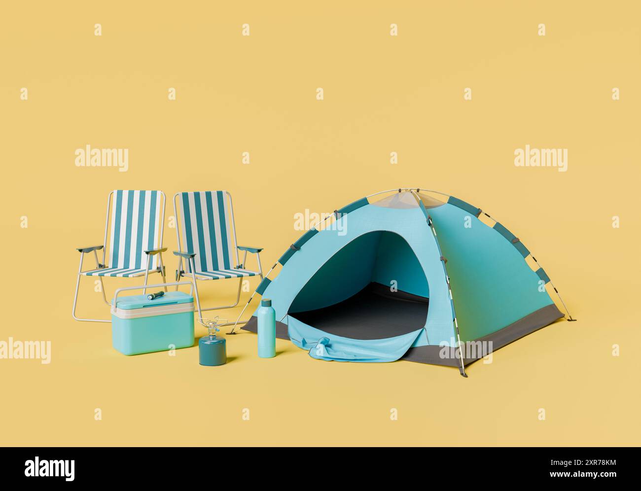 Rendu 3D d'une installation de camping avec tente bleue, glacière portable, brûleur à gaz et chaises pliantes rayées sur fond jaune moutarde. adve extérieur Banque D'Images