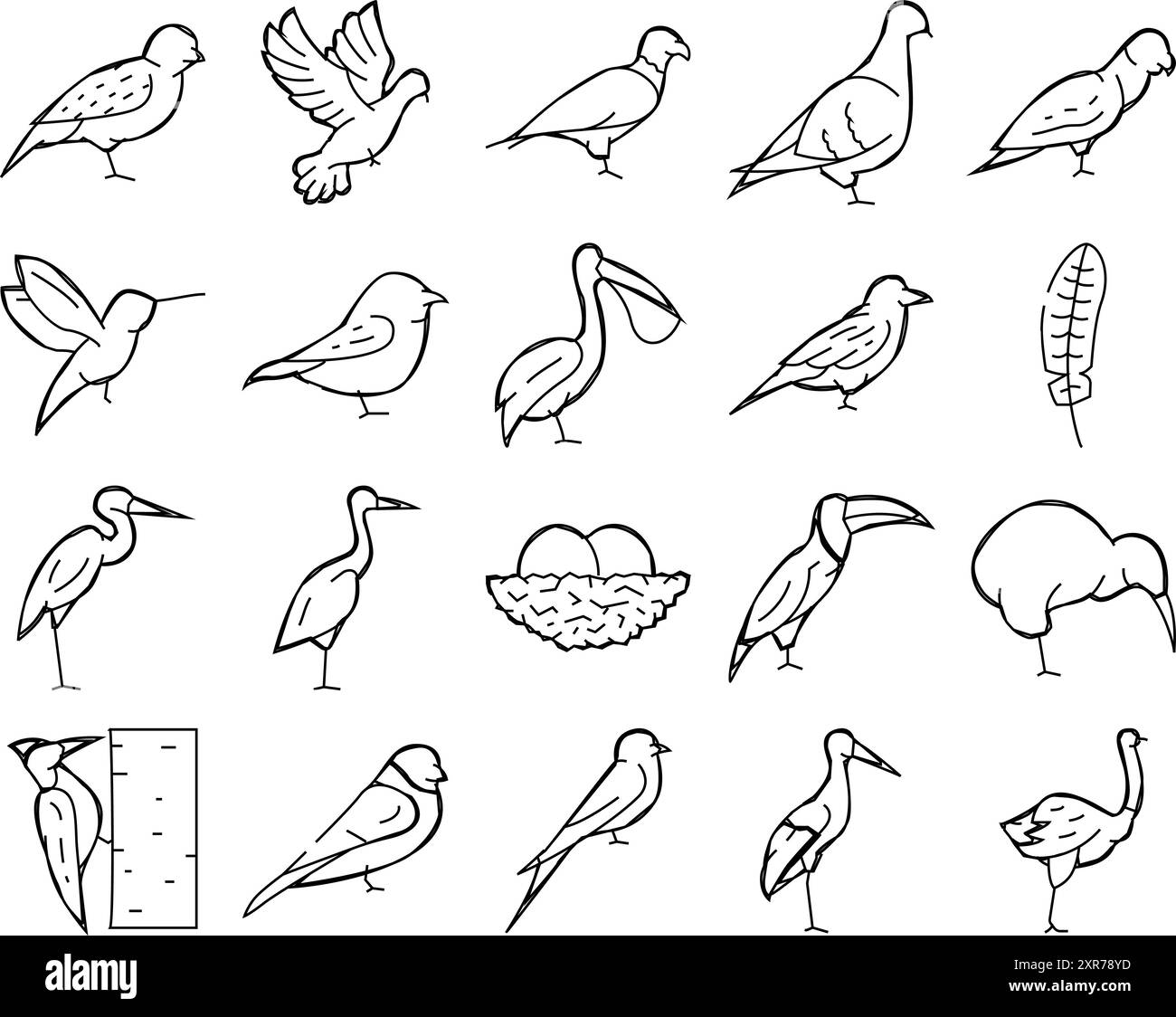 Vol d'oiseau et œufs dans Nest Icons Set Vector Illustration de Vecteur