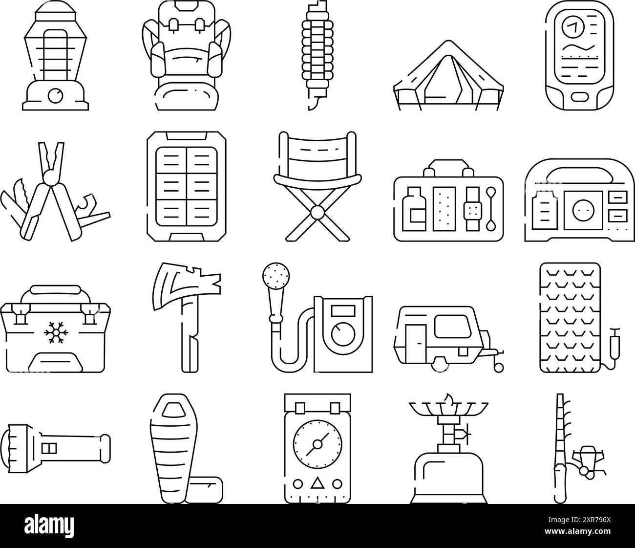 Outil de randonnée Camping et icônes Gadget Set Vector Illustration de Vecteur