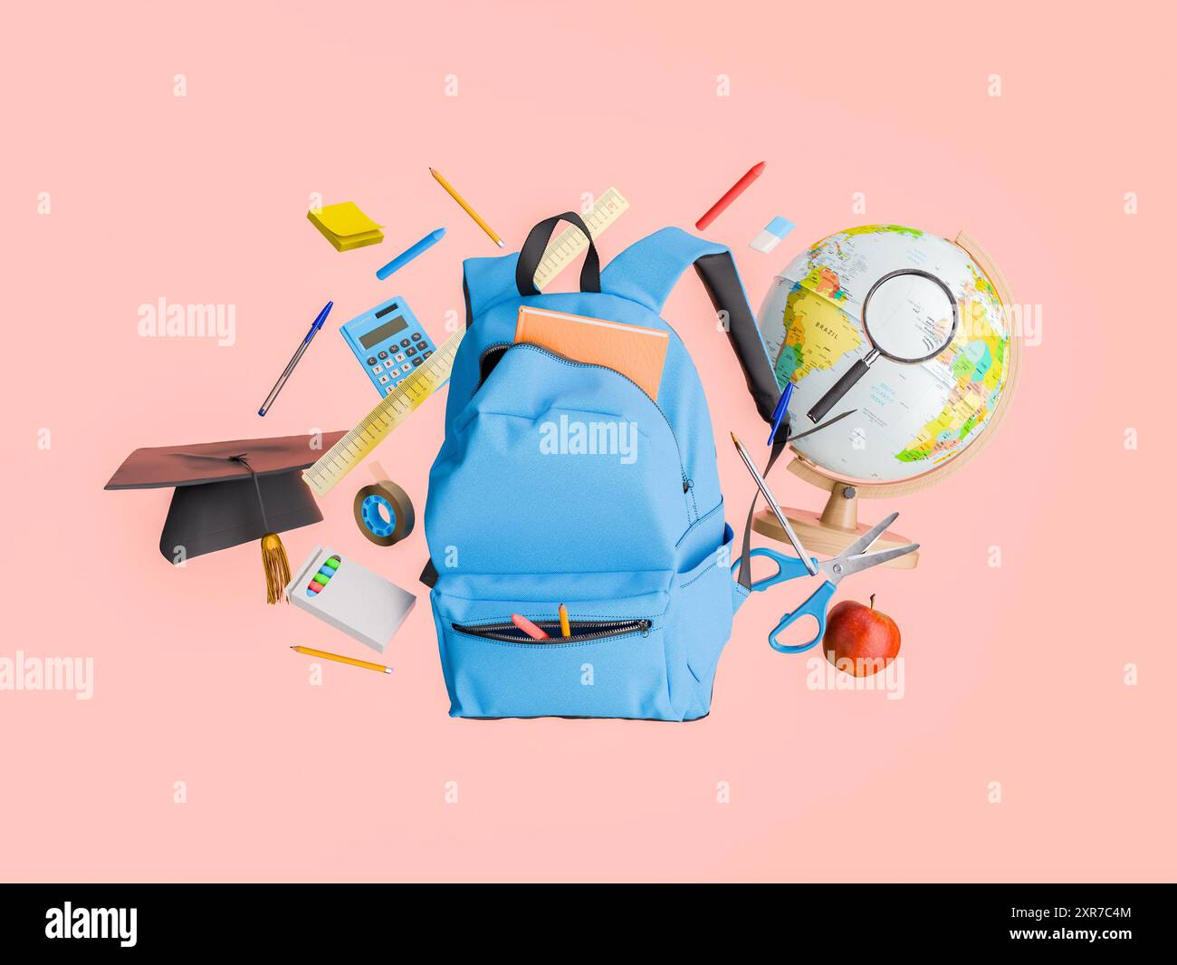 Un sac à dos bleu entouré de fournitures scolaires flottantes comprenant un globe, une casquette de remise des diplômes, une calculatrice et des articles de papeterie, sur fond rouge. Concep Banque D'Images
