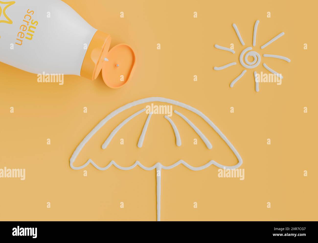 Bouteille de crème solaire ouverte avec lotion formant un design de soleil et de parapluie sur un fond jaune. Concept de protection solaire et de plaisir estival. rendu 3d. Banque D'Images