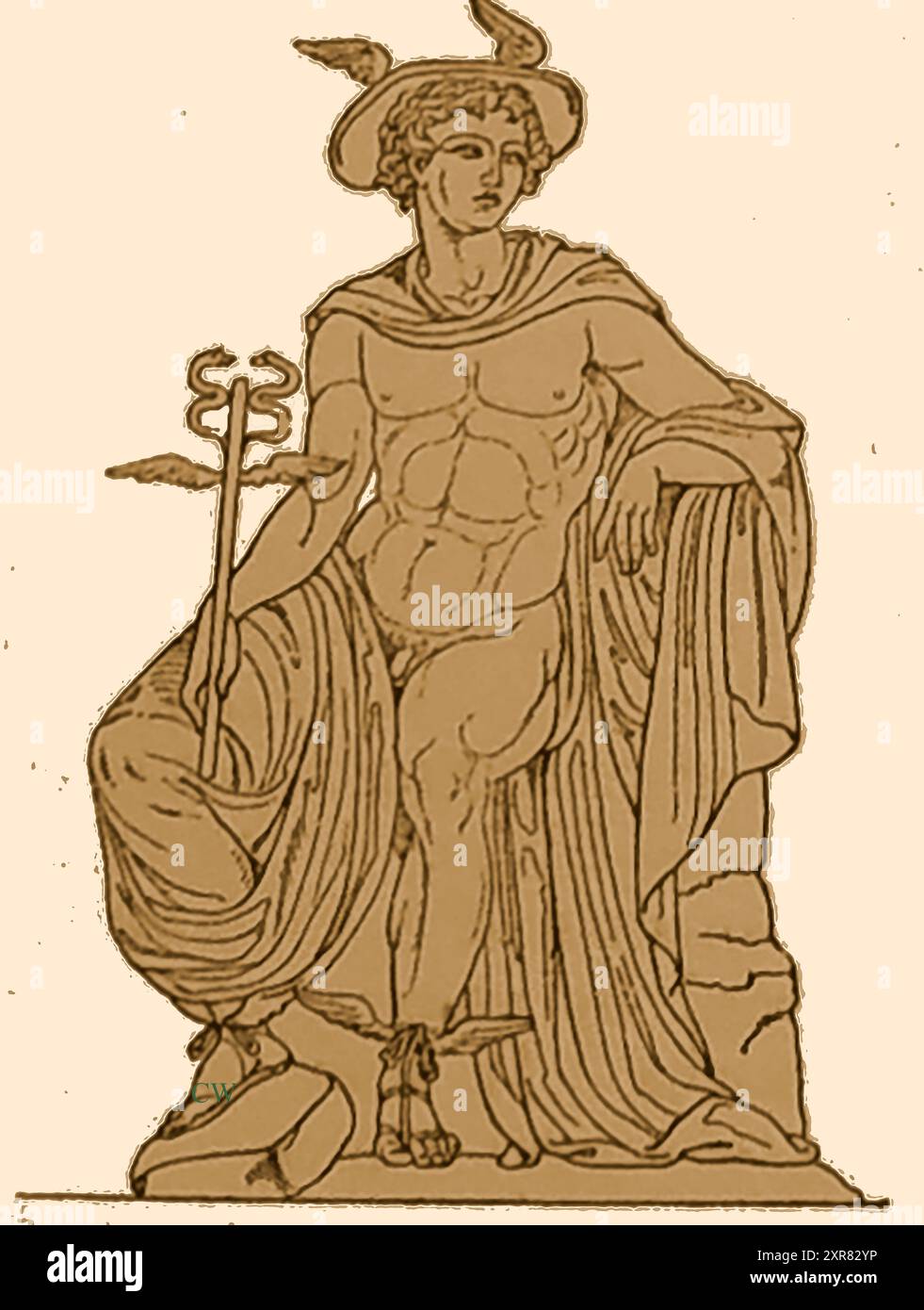 Une image vintage souvent #HE figure mythologique d'Hermès, protecteur grec des hérauts humains, des voyageurs, des voleurs, des marchands et des orateurs. Il était le psychopompe ou «guide de l'âme» dans l'au-delà. Son équivalent romain était Mercure / également connu sous le nom de Thoth (Egypte) et (étrusque). Banque D'Images