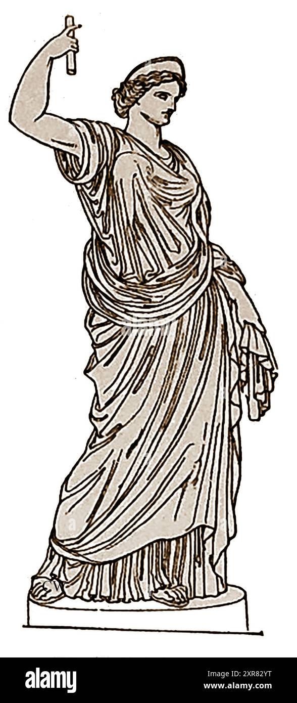 Une image vintage de la figure mythologique grecque de Héras Reine des Dieux et Déesse du mariage, femmes, mariées, droits des femmes, harmonie conjugale, et le protecteur des femmes pendant l'accouchement - symboles - vache, coucou, paon grenade, sceptre, couronne , polos , diadème Banque D'Images