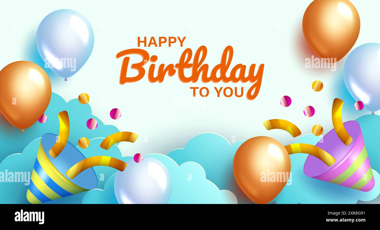 Une illustration vectorielle mettant en vedette une conception de fond de célébration d'anniversaire avec des nuages coupés en papier, des ballons de différentes couleurs et des confettis. Illustration de Vecteur